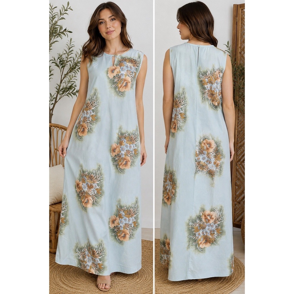 Vintage 70s Handmade Floral Maxi Dress Green Sleeveless Project…see Description